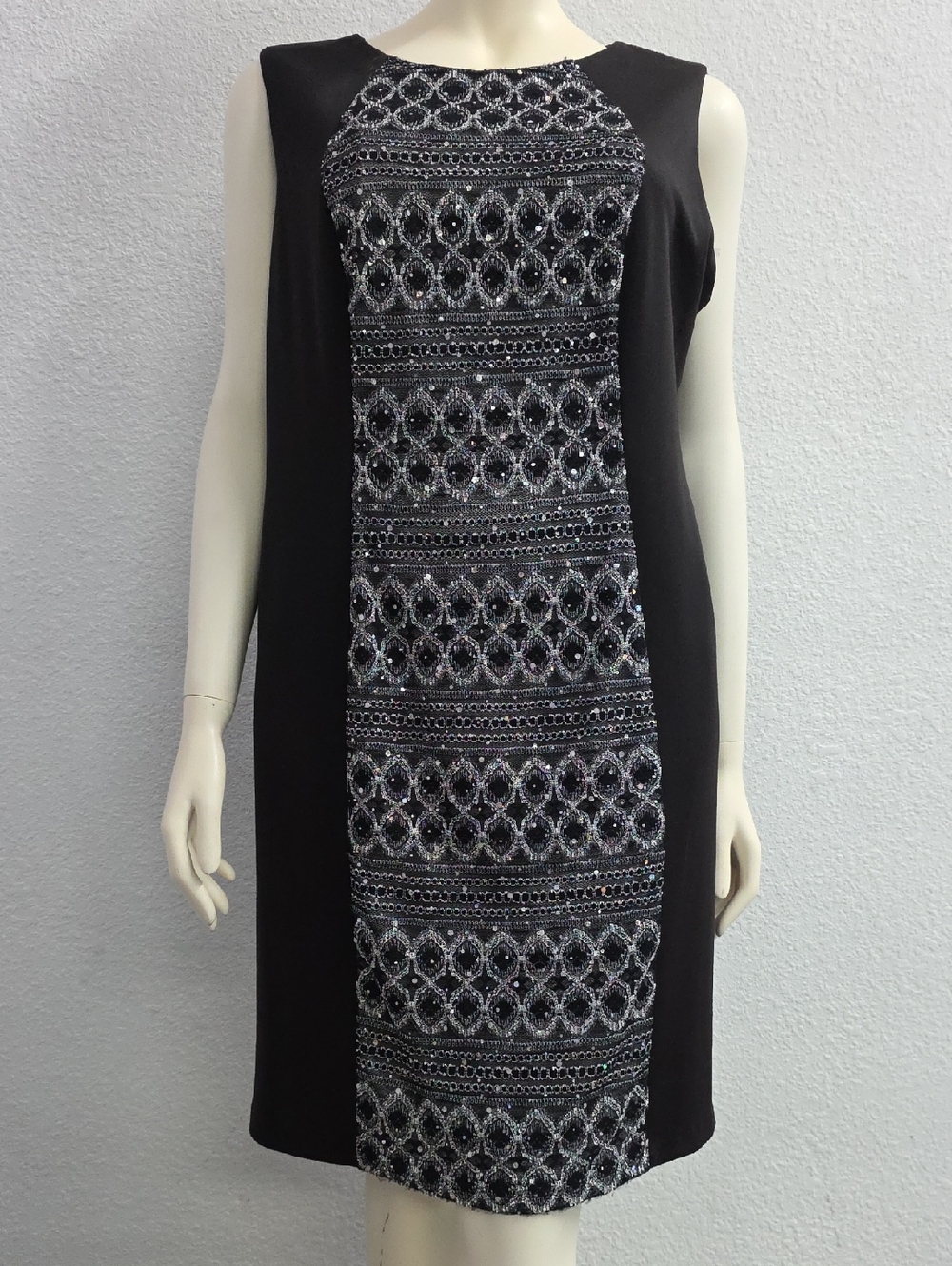R & M Black Knit Stretch  Lace Panel Sequins Sheath Dress Size 20W